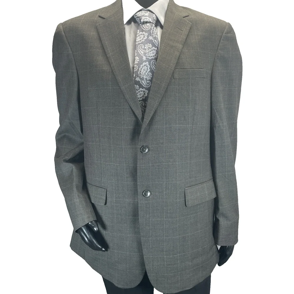 Jos A Bank 43 L Gray Traveler's Tailored Fit 100% Wool Blazer Jacket Window Pane